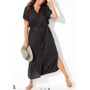 Swimsuits for all Grace Long Button Front Dress Cover Up Black M 10-12 NWT